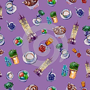 Seamless pattern on a theme London on an amethyst background.