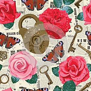 seamless pattern on theme of love with roses, butterflies and keys