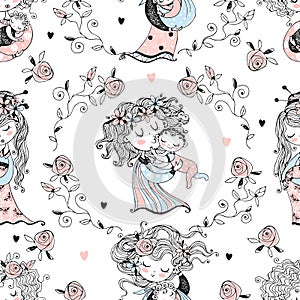 Seamless pattern on the theme of motherhood. The mother and child. Baby shower. Vector.