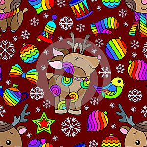 Seamless illustration on the theme of New year and Christmas, bright Christmas tree toys, deers and snowflakes on a red background