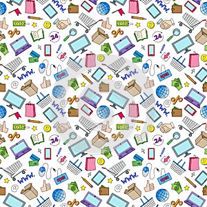 Seamless illustration on the theme of online shopping and Internet stores, the colored icons on white background