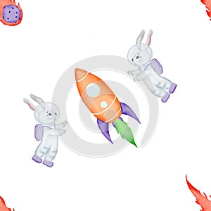 seamless pattern on the theme of space. cute rabbits in space, with a rocket and a comet. print for children's dough