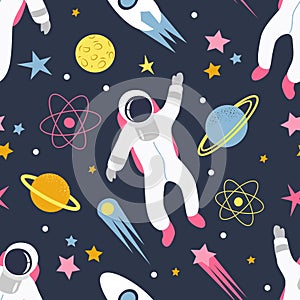 Seamless pattern on the theme of space. pattern in flat style with astronauts, planets, stars, rockets, comets, asteroids