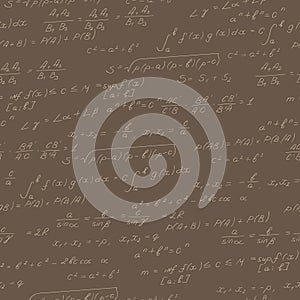 Seamless illustration on the theme of the subject of mathematics, formulas, theorems , beige outline on a brown background