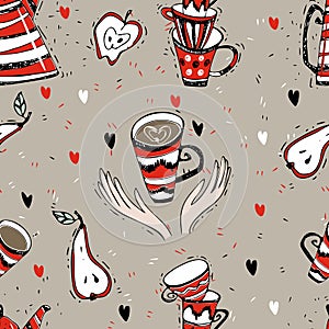 Seamless pattern on the theme of tea drinking. Tea with a kettle. Tea time. Vector