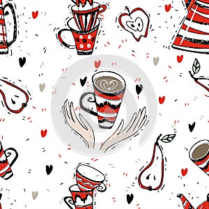 Seamless pattern on the theme of tea drinking. Tea with a kettle. Tea time. Vector