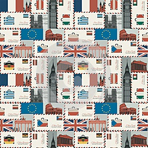 Seamless pattern on theme of travel to countries of Euro union