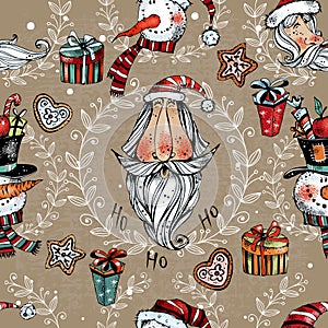 Seamless pattern on the theme of winter and Christmas. Cheerful Santa with a snowman and gifts.