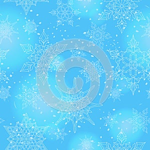 Seamless illustration on the theme of winter and winter holidays, the contour of the snowflake and flare, white snowflakes on a b