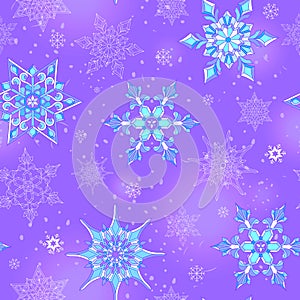 Seamless illustration on the theme of winter and winter holidays, the contour of the snowflake and flare, white snowflakes on a pu