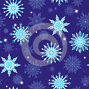 Seamless illustration on the theme of winter and winter holidays, the contour of the snowflake and sters, white snowflakes on a b