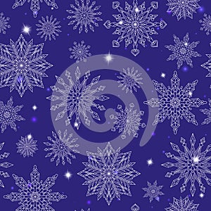 Seamless illustration on the theme of winter and winter holidays, the contour of the snowflake and sters, white snowflakes on a bl