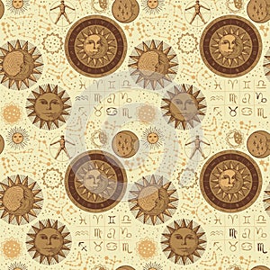 Seamless pattern on the theme of zodiac and horoscopes