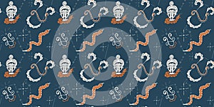 Seamless pattern on the theme of the zodiac sign Ophiuchus. Astrological symbols hand-drawn. For fabric, textile, wrapping paper,