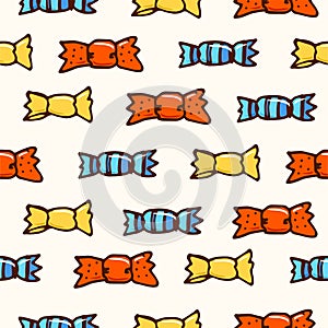 Seamless pattern with thin black outline colorful glossy wrapped candies isolated on white background. hand drawn vector. doodle d