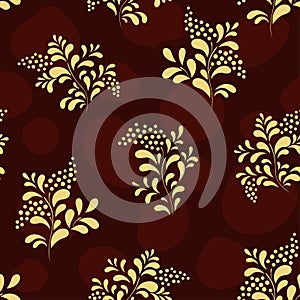 Seamless pattern of thin graceful twigs with berries, contour drawing of gold color and red background, ornate floral pattern for