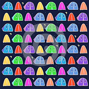 Seamless pattern with thin white outline camp tent vector illustration on night background. hand drawn vector. doodle camp and hol