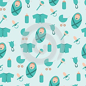 Seamless pattern with things for newborn baby boy