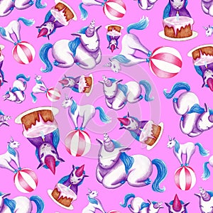 Seamless pattern with three cute unicorns