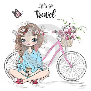 Seamless pattern with three hand drawn beautiful cute travel girls.