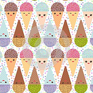 Seamless pattern with three Kawaii mint raspberry chocolate Ice cream waffle cone funny muzzle with pink cheeks and winking eyes,