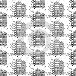 Seamless pattern. Three old house of Amsterdam and unreadable letter. Monochrome vector illustration and handwritten ÃÂalligraphy photo