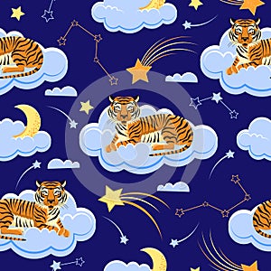 Seamless pattern tiger resting on a cloud, night sky with stars, comets, constellations, moon.