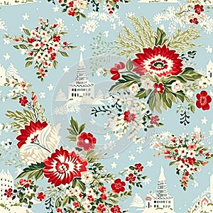 Seamless pattern, tileable Christmas holiday country house, floral dots print, English countryside for wallpaper