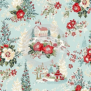 Seamless pattern, tileable Christmas holiday country house, floral dots print, English countryside for wallpaper