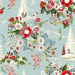 Seamless pattern, tileable Christmas holiday country house, floral dots print, English countryside for wallpaper