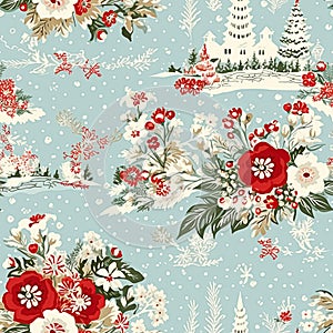 Seamless pattern, tileable Christmas holiday country house, floral dots print, English countryside for wallpaper