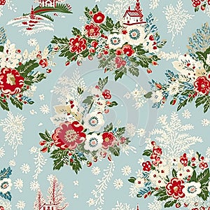 Seamless pattern, tileable Christmas holiday country house, floral dots print, English countryside for wallpaper