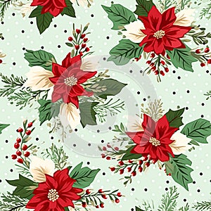 Seamless pattern, tileable Christmas holiday floral country dots print, English countryside flowers for wallpaper