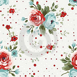 Seamless pattern, tileable Christmas holiday floral, country flowers dots print, English countryside roses for wallpaper