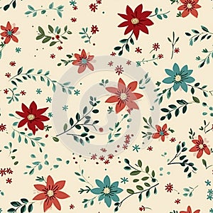 Seamless pattern, tileable vintage holiday botanical poinsettia Christmas country print for wallpaper, wrapping paper