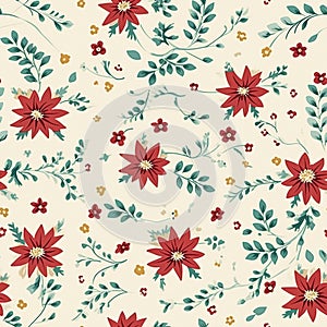 Seamless pattern, tileable vintage holiday botanical poinsettia Christmas country print for wallpaper, wrapping paper