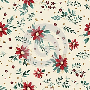 Seamless pattern, tileable vintage holiday botanical poinsettia Christmas country print for wallpaper, wrapping paper, scrapbook,