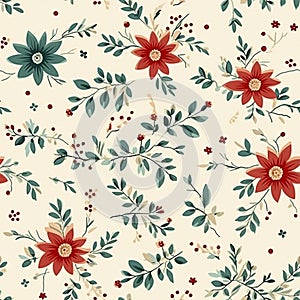 Seamless pattern, tileable vintage holiday botanical poinsettia Christmas country print for wallpaper, wrapping paper, scrapbook,