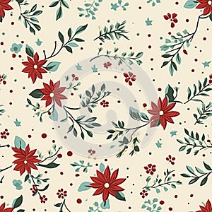 Seamless pattern, tileable vintage holiday botanical poinsettia Christmas country print for wallpaper, wrapping paper, scrapbook,