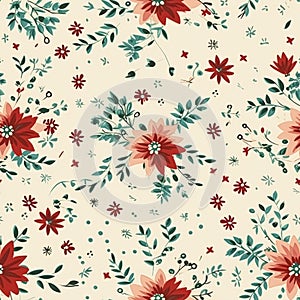 Seamless pattern, tileable vintage holiday botanical poinsettia Christmas country print for wallpaper, wrapping paper, scrapbook,