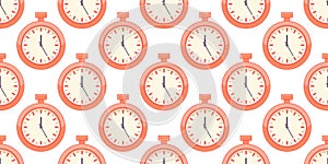 Seamless pattern of timers, stopwatches. Print of an old pocket watch on a white background. Counter, time meter. Dial
