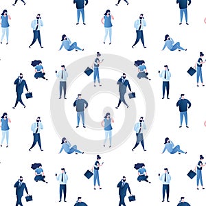 Seamless pattern of tiny business people. Diverse collection of small men and women in business suits. Tiny people use smartphones