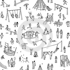 Seamless pattern with tiny children at the playground