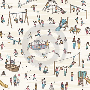 Seamless pattern with tiny children at the playground