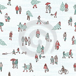 Seamless pattern of tiny pedestrians walking in winter through the city