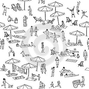 Seamless pattern of tiny people at the beach