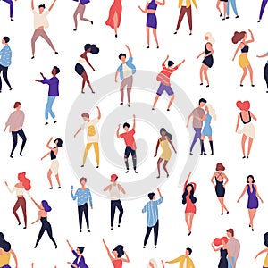 Seamless pattern with tiny people dancing on dance floor at night club on white background. Backdrop with happy of men