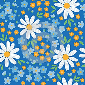 Seamless pattern of tiny stylized doodle flowers on blue background. Vector hand drawn illustration