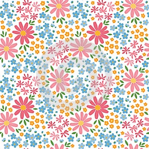 Seamless pattern of tiny stylized doodle flowers on white background. Vector hand drawn illustration