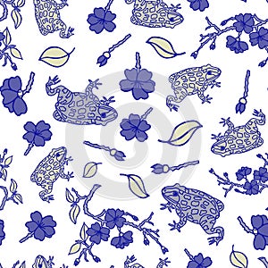 Seamless pattern of toads and flowers, branches, leaves of the apple tree. Hand drawing. vector illustration eps 10